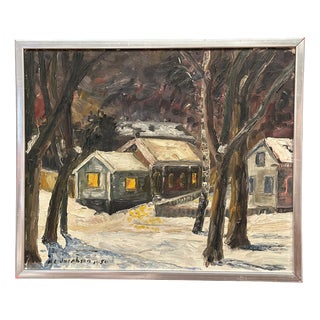 M. L. Jacobson, Winter Landscape with House, 1950s, Oil Painting on Panel, Framed For Sale