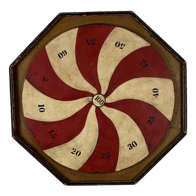 Marvelous Vintage American Folk Art Penny Pitch Wood Game Board With Swirl Design For Sale