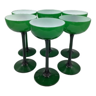 Vintage Carlo Moretti Italy Green White Cased Glass Tall Champagne Coupes - Set of 6 For Sale
