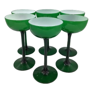 Vintage Carlo Moretti Italy Green White Cased Glass Tall Champagne Coupes - Set of 6