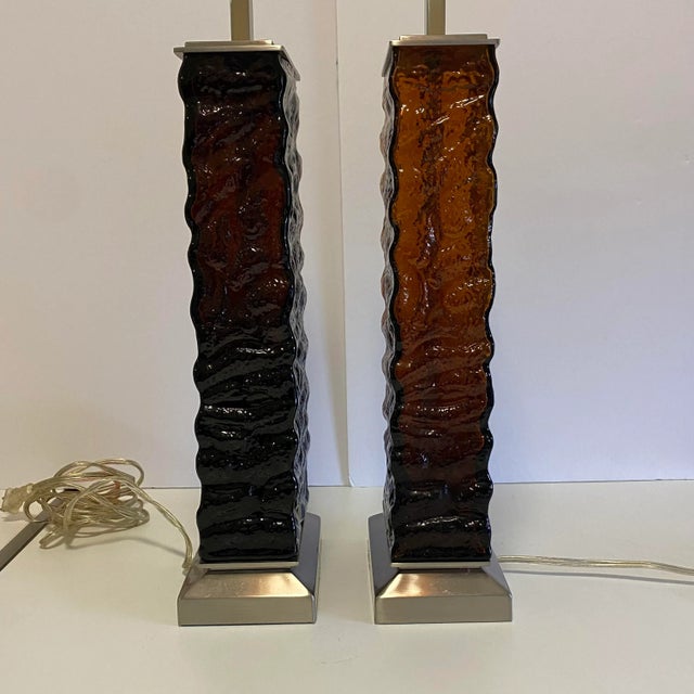 1970s Vintage MidCentury Modern Wavy Amber Glass Table Lamps - a Pair For Sale - Image 5 of 12