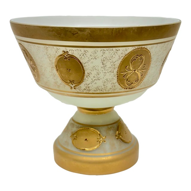 Vintage Imperlux Bohemian Glass Pedestal Fruit Bowl | Satin White Glass W/ 24k Gold Medallion Decorations | Czech Art Glass For Sale