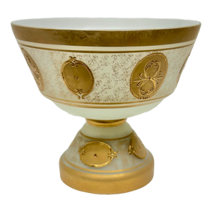 Vintage Imperlux Bohemian Glass Pedestal Fruit Bowl | Satin White Glass W/ 24k Gold Medallion Decorations | Czech Art Glass