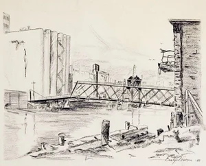 1960s Industrial Harbor Drawing