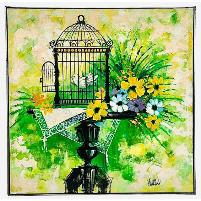 60s X Large Thimas Lee Mid Century Modern Birds and Vivid Floral Oil Painting Framed For Sale - Image 13 of 13