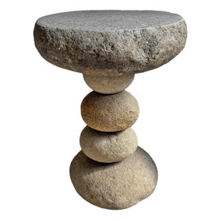 Outdoor Vintage Stacked River Rock Stool Side Table For Sale