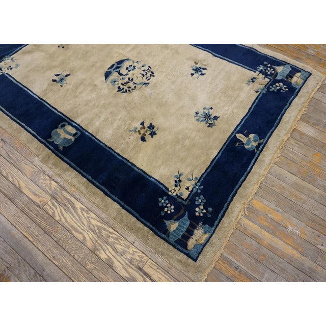 1920s Beige Foliate Medallion Antique Chinese Peking Carpet 4' X 5'9" Knotted Wool Rug For Sale - Image 9 of 10