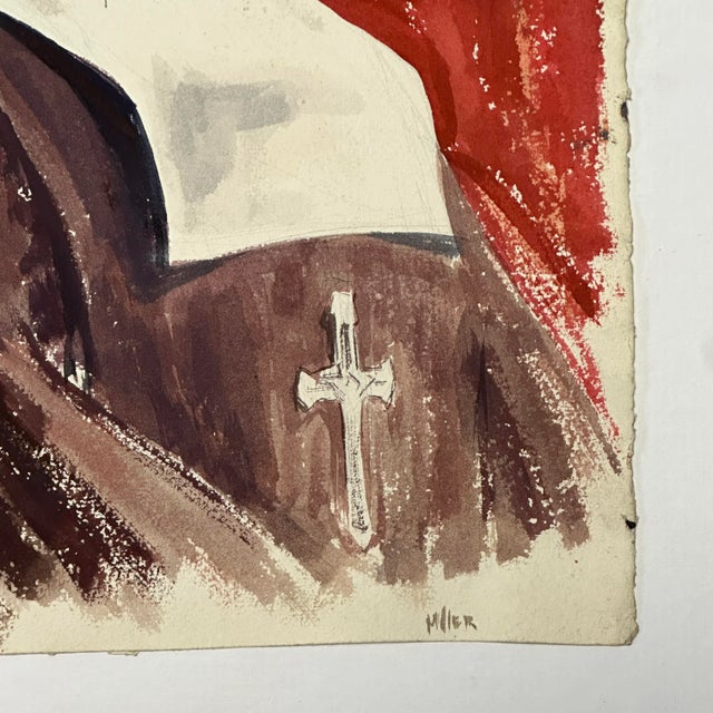 Vintage Expressionist Portrait of a Nun by Marlene Miller, Signed (C. 1950, Watercolor on Paper) For Sale - Image 4 of 4