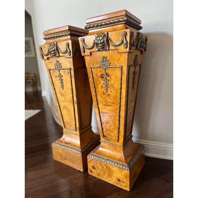 French Regency Style Pair of Burlwood Veneer Pedestal With Marble Top and Lion Head Brass Detail For Sale - Image 4 of 13