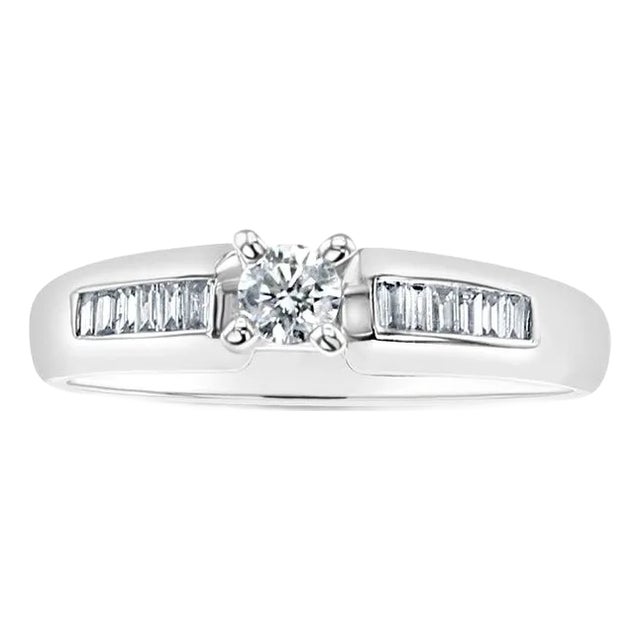 Solitaire Diamond Engagement Ring with Baguette Diamond Accents, Size 9 For Sale