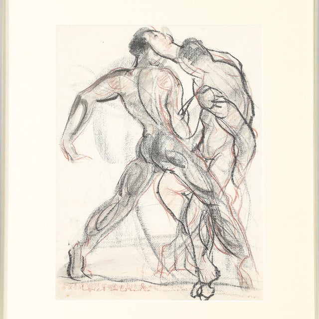 Mid-Century Modern Mid-Century "Boxers" Charcoal & Conte W/ Watercolor Signed Boris Lovet-Lorski For Sale - Image 3 of 10