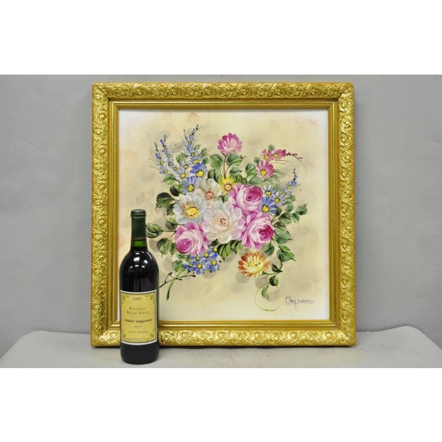 Vintage French Victorian Style Hand Painted Porcelain Plaque Pink Rose Flower Painting, Signed "Mary Wilson" in Gold Gilt...