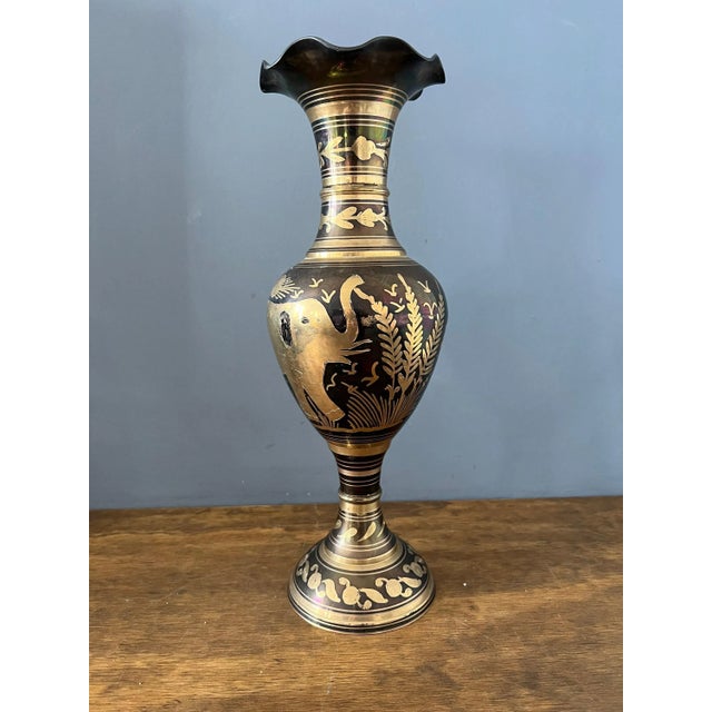 Black Large Vintage Etched Brass Vase For Sale - Image 8 of 8