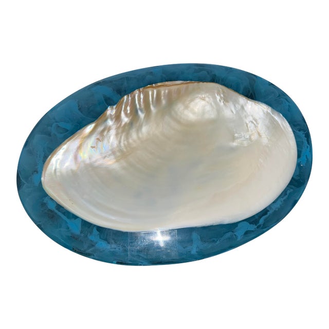 Made Goods / Lily Juliet Ice Blue Resin Shell Large Caviar Dish Cebu Clam Coastal Decor For Sale