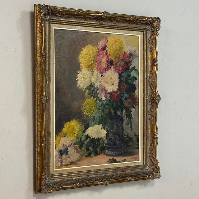 1940s Framed Oil on Canvas, Still Life With Chrysanthemums, by M. Taquet-Beal, 1944, Belgium For Sale - Image 5 of 15