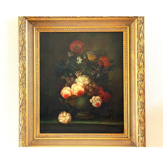 1930s 1930s Orlando Still Life Flowers Signed Oil on Canvas Ornate Gilt Frame For Sale - Image 5 of 10