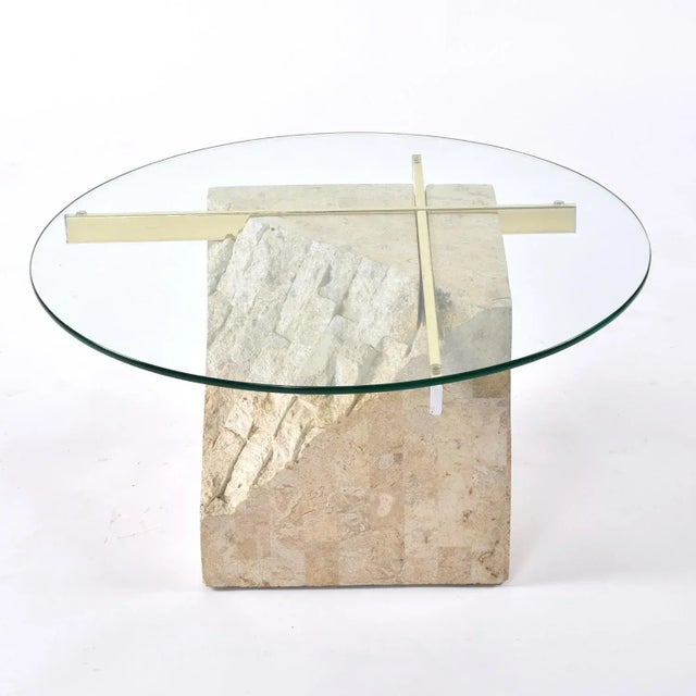 1970s Round Glass Topped Tessellated Stone Brass Cantilever Coffee Table or Side Table For Sale - Image 5 of 15