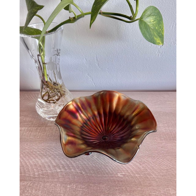 Antique Northwood Amethyst Beaded Cable 3-Footed Carnival Glass Bowl For Sale - Image 10 of 10