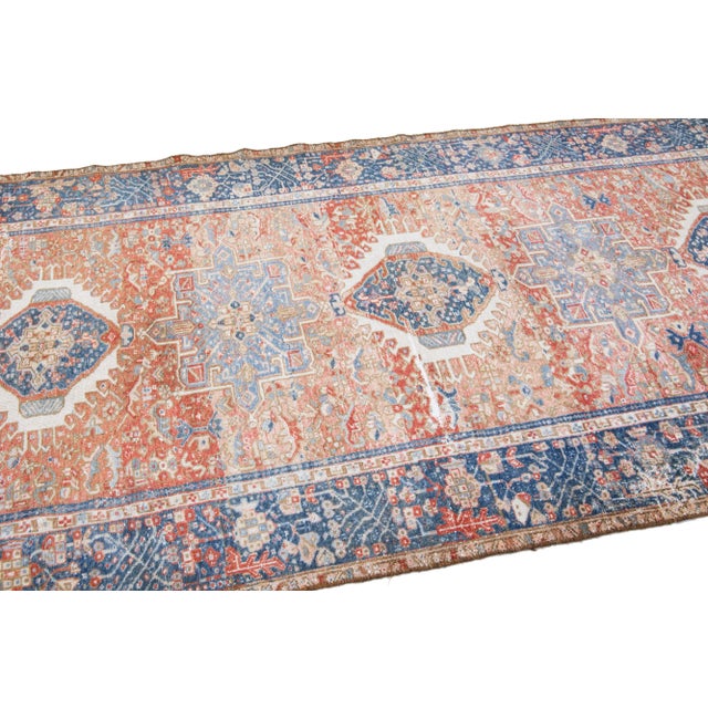 Textile 1960s Vintage Karajah Shabby Chic Handmade Medallion Rust Wool Runner For Sale - Image 7 of 9