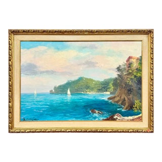 Large Vintage Seascape Oil Painting by Listed Artist Giuseppe Arigliano – Mediterranean Sailboats With Ornate Frame For Sale