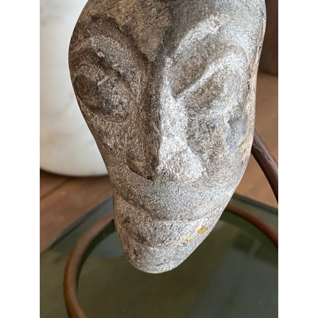 Surrealist Carved Stone Face Sculpture Steel Base Tribal Style Raw Wood Pedestal For Sale - Image 15 of 17