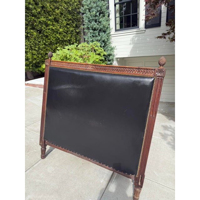 Antique Neoclassical Carved Wood & Black Leather Full-Size Headboard, Fluted Posts & Pinecone Finials For Sale - Image 4 of 12