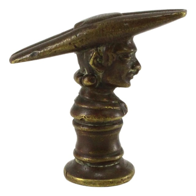18th / 19th C. Apothecary Bronze Masher Pestle, Figural With Man in Bicorn Hat For Sale