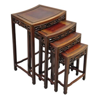 Vintage Chinese Carved Hardwood Curved Frame Nesting Side Tables - Set of 4 For Sale