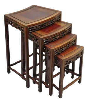 Vintage Chinese Carved Hardwood Curved Frame Nesting Side Tables - Set of 4