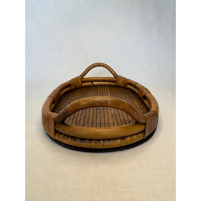 Wood Vintage Coastal Bamboo & Pencil Reed Rattan Double Handle Serving Tray in the Style of Gabriella Crespi For Sale - Image 7 of 12