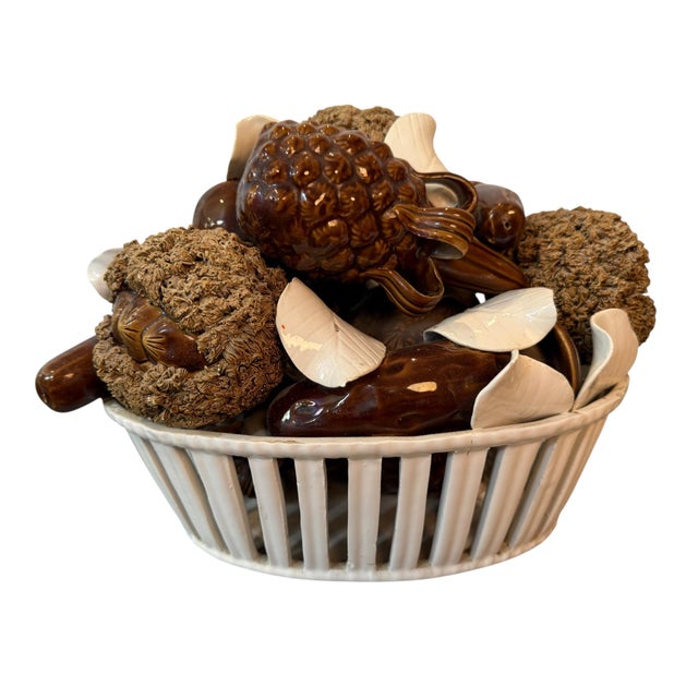 Vintage Italian Ceramic Mushroom & Acorn Basket Centerpiece For Sale - Image 4 of 9