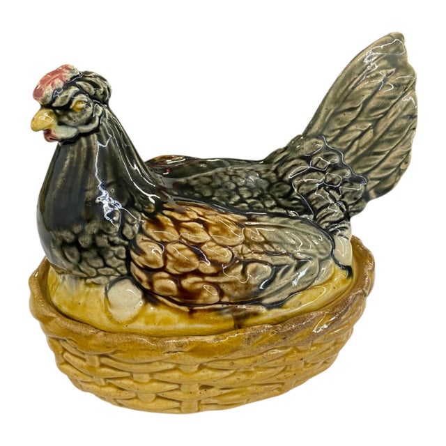French Antique French Desvres Majolica Hen on Nest Covered Dish Francis Masse For Sale - Image 3 of 11