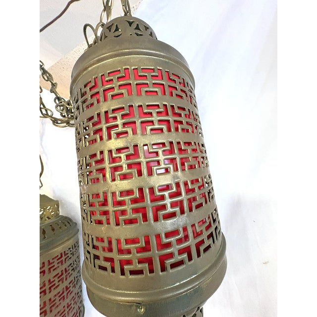 1900's Middle Eastern Hammered & Pierced Brass Swag Electrified Lanterns With Red Liner- A Pair For Sale - Image 11 of 18