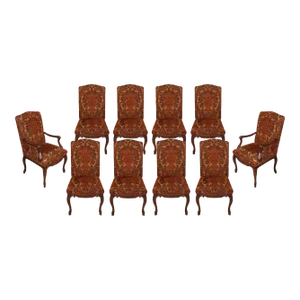 Set of Ten Vintage Michael Taylor Dining Chairs With Cranberry and Gold Fabric