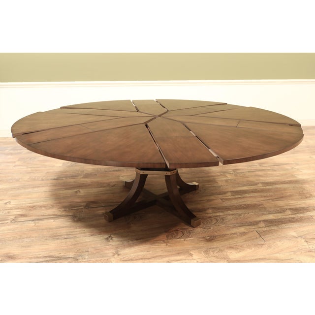 64–84-Inch Expandable Cherry Jupe Dining Table With Brass Stretcher and Brass-Capped Saber Legs For Sale In New York - Image 6 of 13