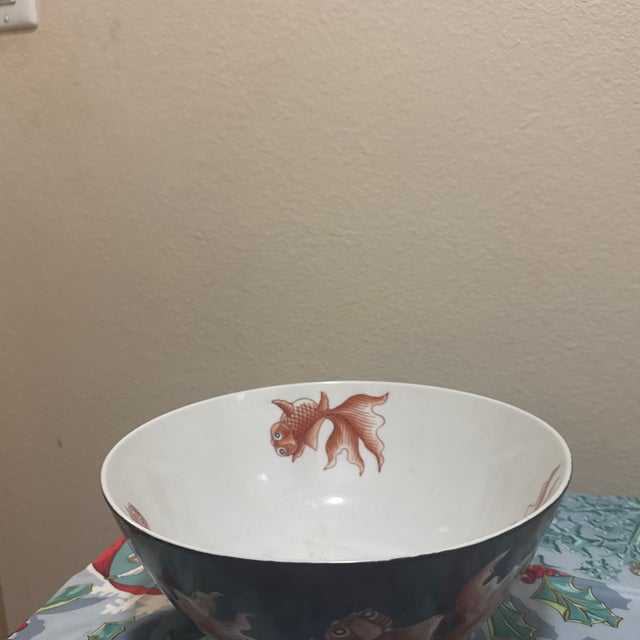 Vintage Chinoiserie Black Porcelain Bowl With Hand-Painted Koi Fish For Sale In Minneapolis - Image 6 of 6