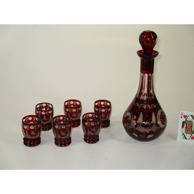 Early 20th Century Bohemian Decanter 6 Liquor Tumblers Red Glass Hand Wheel Engraved Czech For Sale - Image 11 of 11