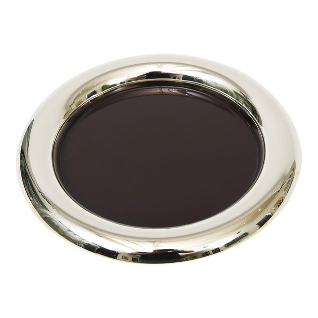 Vintage Italian Nickel Silver and Brown Enamel Round Tray 70's For Sale