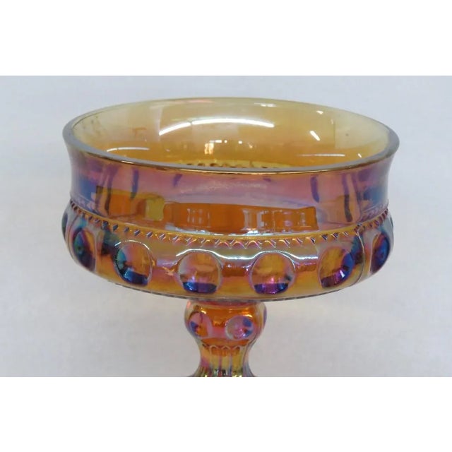 Traditional Kings Crown Thumbprint Indiana Carnival Glass Amber Compote Candy Dish For Sale - Image 3 of 11