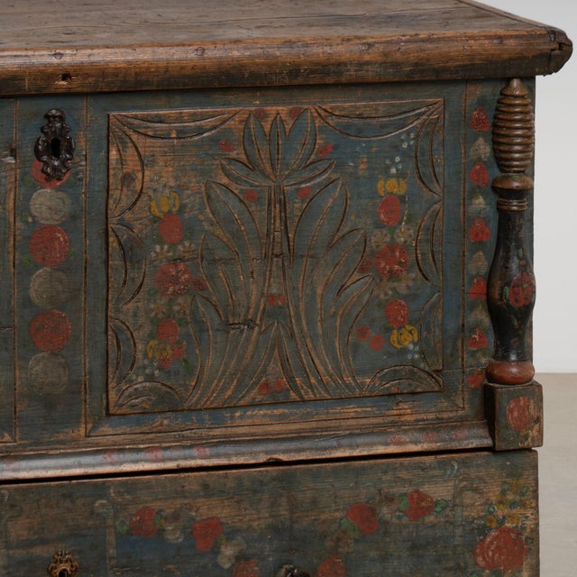 19th Century Blue Painted Carved Flat Top Trunk With Drawer From Hungary For Sale - Image 9 of 14
