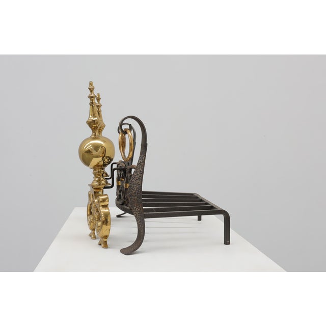 Black 20th Century French Brass Firedogs and Wrought Iron Fireplace Grate, 1950s For Sale - Image 8 of 18