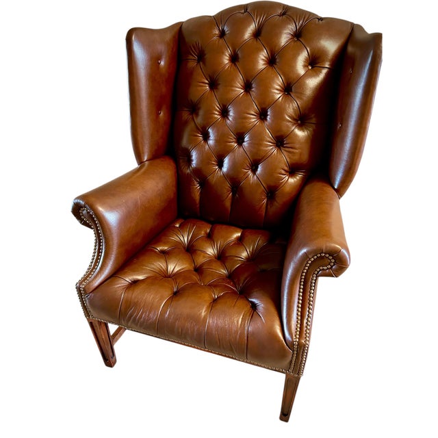 Pair of Vintage Chesterfield Wingback Chairs in Brown Leatherette For Sale - Image 4 of 9