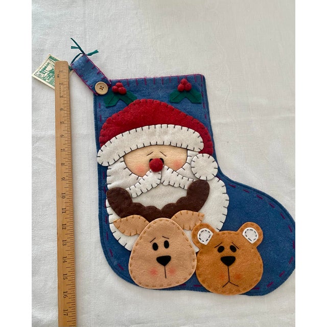 Blue Vintage Crazy Mountain Imports "Porch & Parlour" Felt Christmas Stocking - Primitive Folk Art Santa, Reindeer & Bear Excellent Condition For Sale - Image 8 of 13