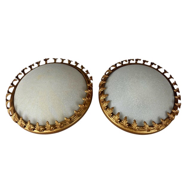 A handsome matching pair of decorative flush-mount ceiling fixtures by Candella Lighting of Los Angeles. Each fixture...