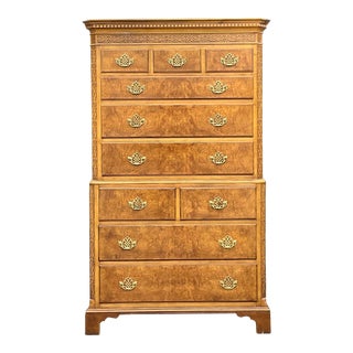 Late 20th Century Vintage Regency Baker Burl Wood Fretwork Tall Chest of Drawers For Sale