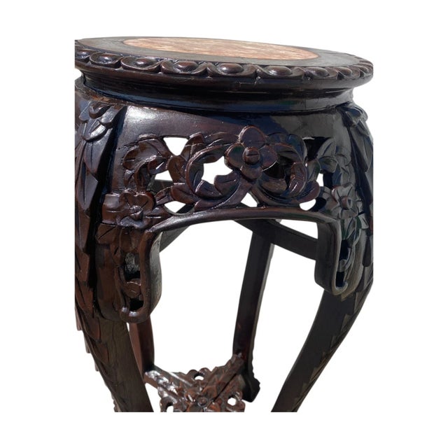 Brown Mid-Century Chinese Carved Rosewood Marble Top Plant Stand Table/ Pedestal For Sale - Image 8 of 11