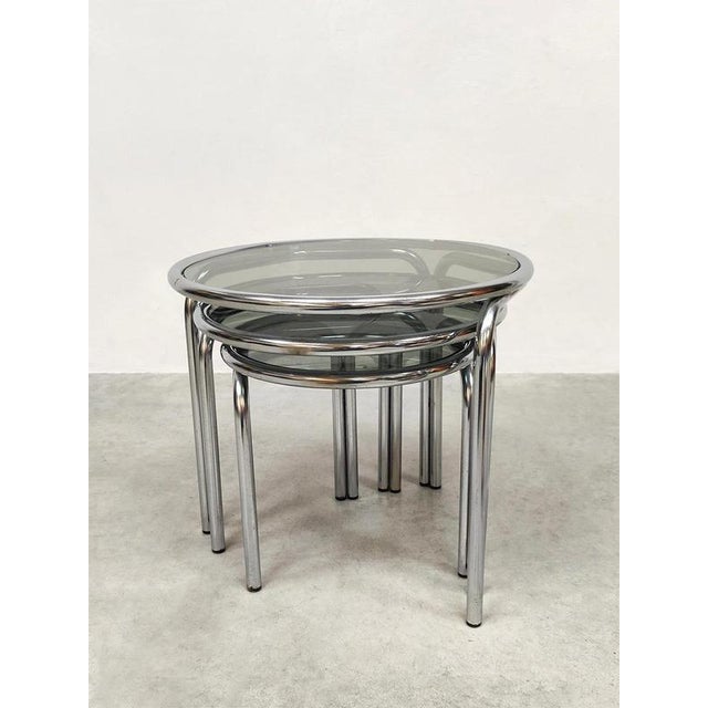 Italian Chrome and Smoked Glass Side Tables, 1970s, Set of 3 For Sale - Image 3 of 5
