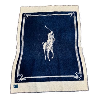 Ralph Lauren Polo Equestrian Motif Wool Blanket – Navy & Cream For Sale