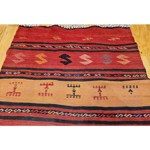 Mid 20th Century Vintage Turkish Kilim Runner, Handwoven Wool, Stripe Pattern, Brick Red, 3x13 For Sale - Image 5 of 9