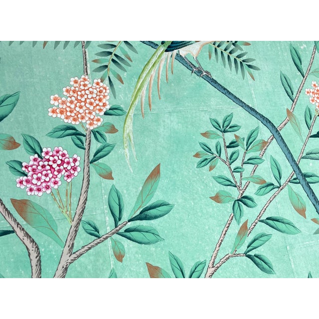 Hand-Painted Chinoiserie Wallpaper Panels – Luxury Green Botanical Bird Mural, Elegant Floral Wall Art, 3 Panels 36x79” For Sale - Image 4 of 6